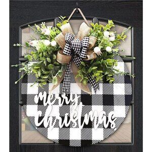Christmas Wreath Signs, Wood Door Sign, Buffalo Plaid Front Door Decorations